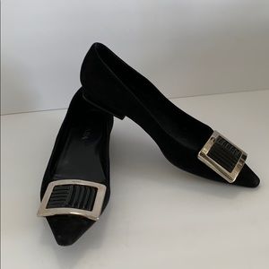 Prada black suede leather shoes size 36.5 6.5 Italy silver tone buckle RARE HTF